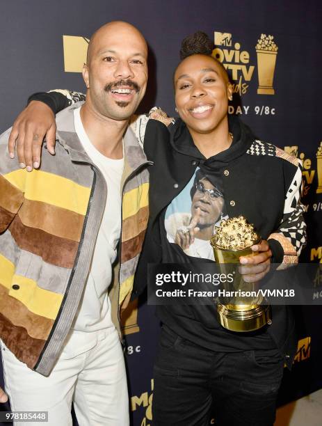 Common and actor/writer Lena Waithe pose with the MTV Trailblazer Award during the 2018 MTV Movie And TV Awards at Barker Hangar on June 16, 2018 in...