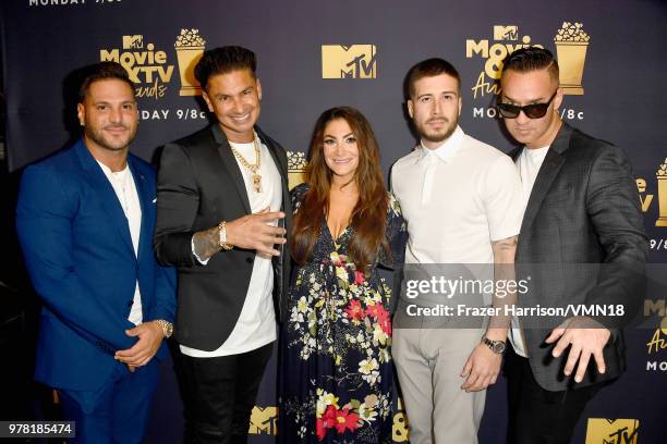 Ronnie Ortiz-Magro, DJ Pauly D, Deena Nicole Cortese, Vinny Guadagnino, and Mike Sorrentino of Jersey Shore attend the 2018 MTV Movie And TV Awards...