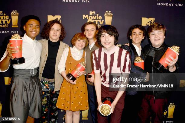 Actors Chosen Jacobs, Wyatt Oleff, Sophia Lillis, Jaeden Lieberher, Finn Wolfhard, Jack Dylan Grazer and Jeremy Ray Taylor pose with the Best...