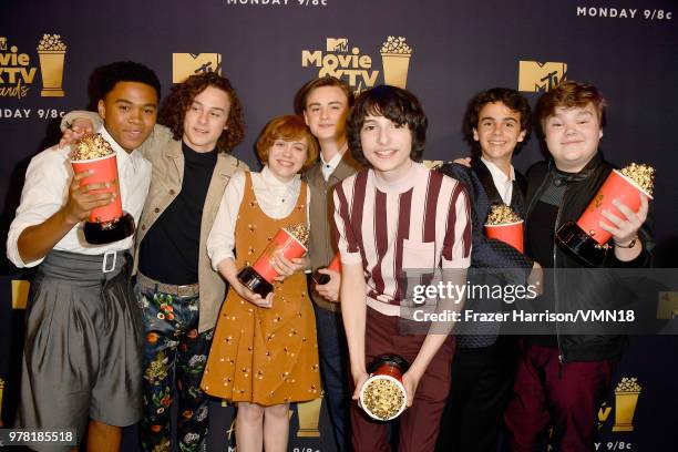 Actors Chosen Jacobs, Wyatt Oleff, Sophia Lillis, Jaeden Lieberher, Finn Wolfhard, Jack Dylan Grazer and Jeremy Ray Taylor pose with the Best...