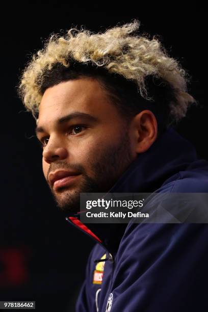 Jason Johannisen of the Bulldogs speaks to the media during an AFL press conference at Etihad Stadium on June 19, 2018 in Melbourne, Australia.