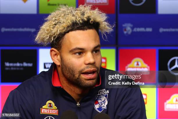 Jason Johannisen of the Bulldogs speaks to the media during an AFL press conference at Etihad Stadium on June 19, 2018 in Melbourne, Australia.