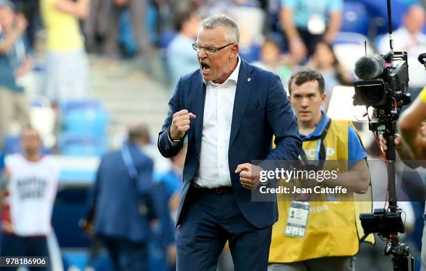 Coach of Sweden Janne Andersson celebrates the victory following the 2018 FIFA World Cup Russia group F match between Sweden and Korea Republic at...