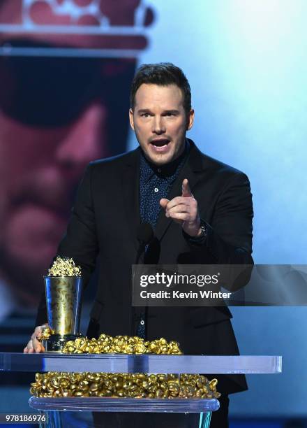 Honoree Chris Pratt accepts the MTV Generation Award onstage during the 2018 MTV Movie And TV Awards at Barker Hangar on June 16, 2018 in Santa...