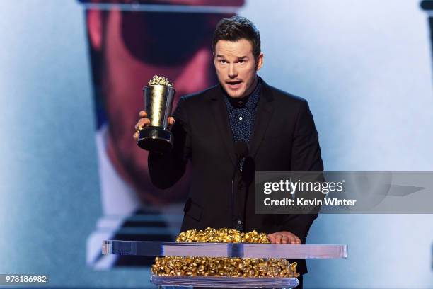 Honoree Chris Pratt accepts the MTV Generation Award onstage during the 2018 MTV Movie And TV Awards at Barker Hangar on June 16, 2018 in Santa...