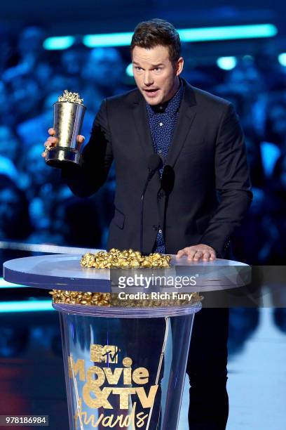 Actor Chris Pratt accepts the MTV Generation Award onstage during the 2018 MTV Movie And TV Awards at Barker Hangar on June 16, 2018 in Santa Monica,...