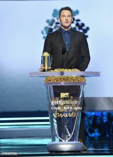 Actor Chris Patt accepts award onstage at the 2018 MTV Movie And TV Awards at Barker Hangar on June 16, 2018 in Santa Monica, California.