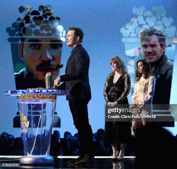 Actor Chris Pratt accepts the MTV Generation Award onstage during the 2018 MTV Movie And TV Awards at Barker Hangar on June 16, 2018 in Santa Monica,...