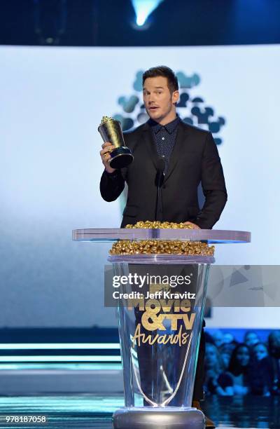 Actor Chris Patt accepts award onstage at the 2018 MTV Movie And TV Awards at Barker Hangar on June 16, 2018 in Santa Monica, California.