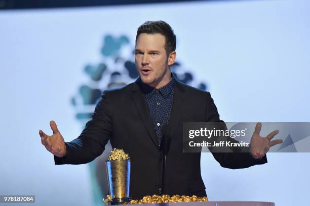 Actor Chris Patt accepts award onstage at the 2018 MTV Movie And TV Awards at Barker Hangar on June 16, 2018 in Santa Monica, California.