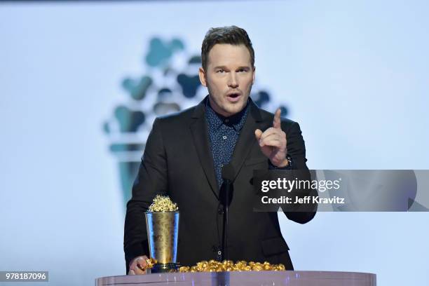 Actor Chris Patt accepts award onstage at the 2018 MTV Movie And TV Awards at Barker Hangar on June 16, 2018 in Santa Monica, California.