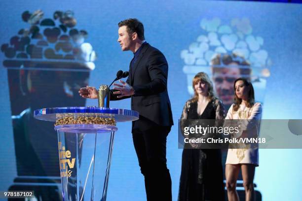 Actor Chris Pratt accepts the MTV Generation Award onstage during the 2018 MTV Movie And TV Awards at Barker Hangar on June 16, 2018 in Santa Monica,...