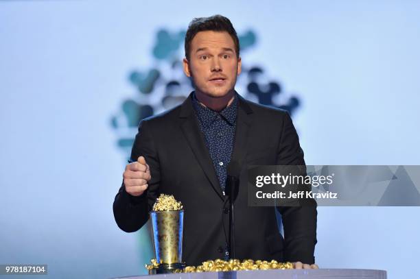 Actor Chris Patt accepts award onstage at the 2018 MTV Movie And TV Awards at Barker Hangar on June 16, 2018 in Santa Monica, California.