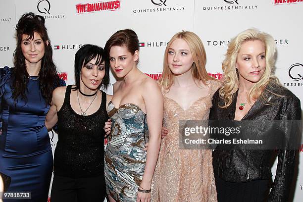 Writer/director Floria Sigismondi, musician Joan Jett, actress Kristen Stewart, actress Dakota Fanning and musician Cherie Currie attend "The...