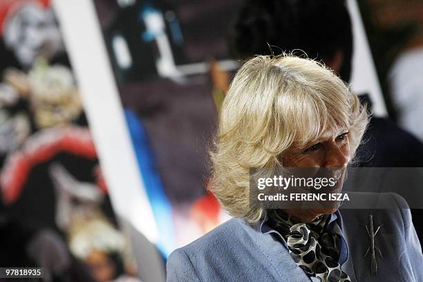 Camilla, wife of Britain's Prince Charles takes a look paintings by students at the 'Moricz Zsigmond' Secondary School in Szentendre on March 17,...