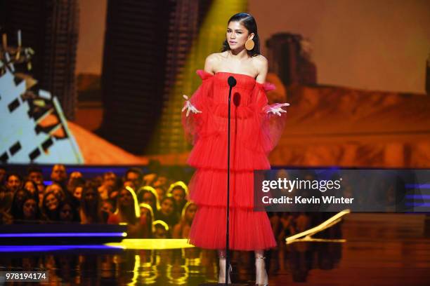 Actor-recording artist Zendaya speaks onstage during the 2018 MTV Movie And TV Awards at Barker Hangar on June 16, 2018 in Santa Monica, California.