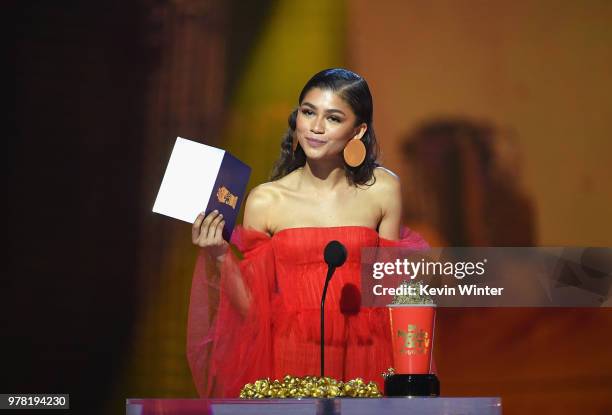 Actor-recording artist Zendaya speaks onstage during the 2018 MTV Movie And TV Awards at Barker Hangar on June 16, 2018 in Santa Monica, California.