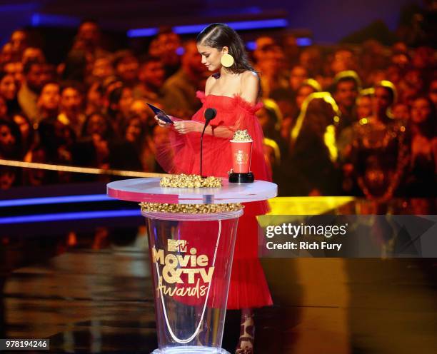 Actor Zendaya speaks onstage during the 2018 MTV Movie And TV Awards at Barker Hangar on June 16, 2018 in Santa Monica, California.