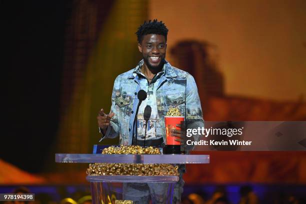 Actor Chadwick Boseman accepts the Best Performance in a Movie award for 'Black Panther' onstage during the 2018 MTV Movie And TV Awards at Barker...