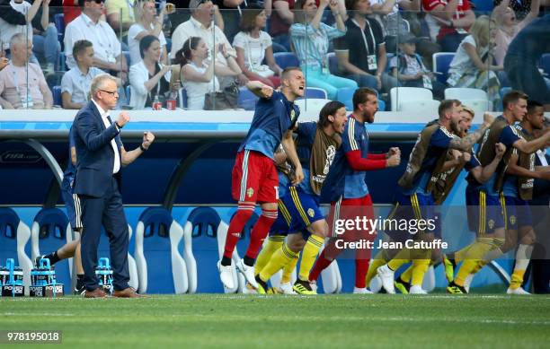 Coach of Sweden Janne Andersson and his players celebrate the winning goal during the 2018 FIFA World Cup Russia group F match between Sweden and...