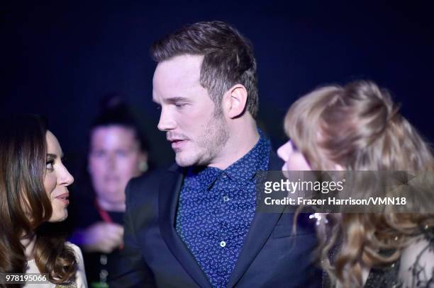 Actor Chris Pratt , recipient of the MTV Generation Award, with actors Aubrey Plaza and Bryce Dallas Howard attend the 2018 MTV Movie And TV Awards...