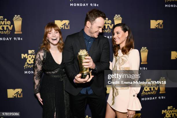 Actors Bryce Dallas Howard, Chris Pratt, winner of t he MTV Generation Award, and Aubrey Plaza pose during the 2018 MTV Movie And TV Awards at Barker...