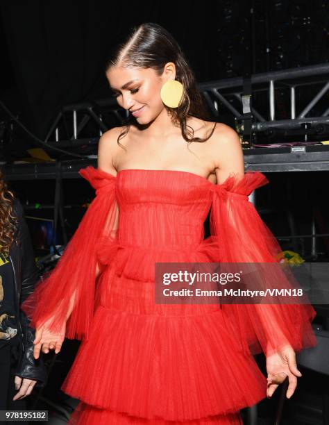 Actor Zendaya attends the 2018 MTV Movie And TV Awards at Barker Hangar on June 16, 2018 in Santa Monica, California.