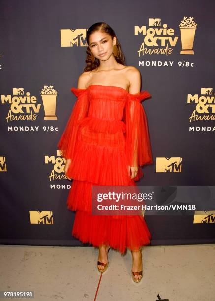 Actor Zendaya attends the 2018 MTV Movie And TV Awards at Barker Hangar on June 16, 2018 in Santa Monica, California.