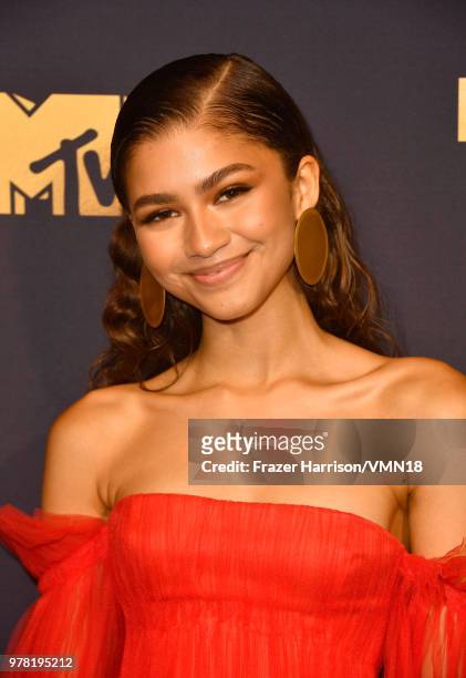Actor Zendaya attends the 2018 MTV Movie And TV Awards at Barker Hangar on June 16, 2018 in Santa Monica, California.