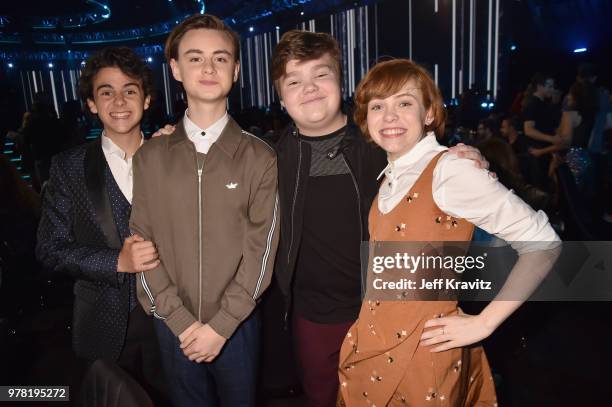 Jack Dylan Grazer, Jaeden Lieberher, Jeremy Ray Taylor, and Sophia Lillis attend the 2018 MTV Movie And TV Awards at Barker Hangar on June 16, 2018...