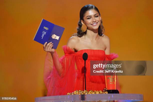 Actor Zendaya speaks onstage at the 2018 MTV Movie And TV Awards at Barker Hangar on June 16, 2018 in Santa Monica, California.