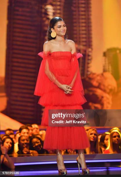 Actor Zendaya speaks onstage at the 2018 MTV Movie And TV Awards at Barker Hangar on June 16, 2018 in Santa Monica, California.