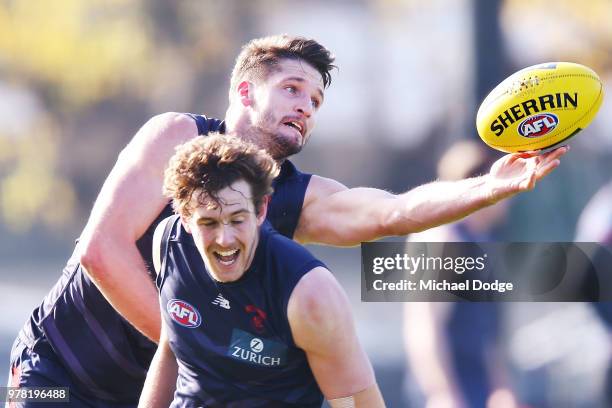 Jesse Hogan of the Demons marks the ball during a Melbourne Demons AFL training session at Gosch's Paddock on June 19, 2018 in Melbourne, Australia.