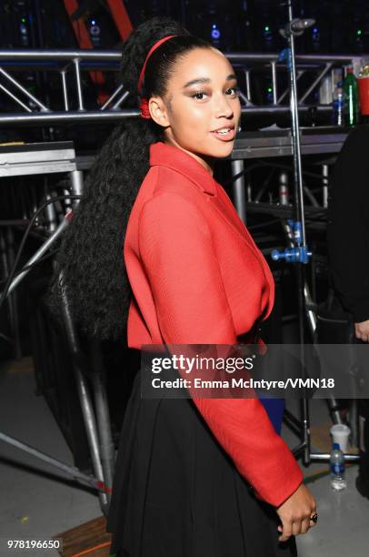 Actor Amandla Stenberg attends the 2018 MTV Movie And TV Awards at Barker Hangar on June 16, 2018 in Santa Monica, California.