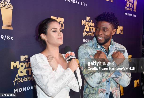 Personality Donna Farizan and actor Chadwick Boseman attend the 2018 MTV Movie And TV Awards at Barker Hangar on June 16, 2018 in Santa Monica,...