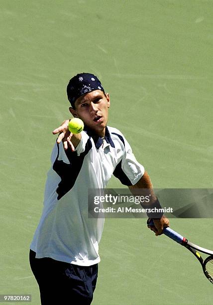 Jurgen Melzer of Austria sets to serve on the grandstand court at the U. S. Open. Melzer was defeated by Juan Carlos Ferrero, the third seed in the...