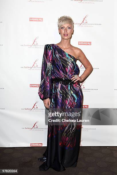 Model Cari Dee arrives wearing a design by Michele Bohbot for Bisou Bisou at FGILA's 2nd annual "The Designer and Their Muse" charity fashion event...