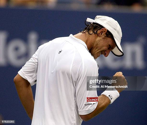 David Nalbandian of Argentina reacts to a winning point Thursday, September 4, 2003 at the U. S. Open in New York. Federer, the second seed from...