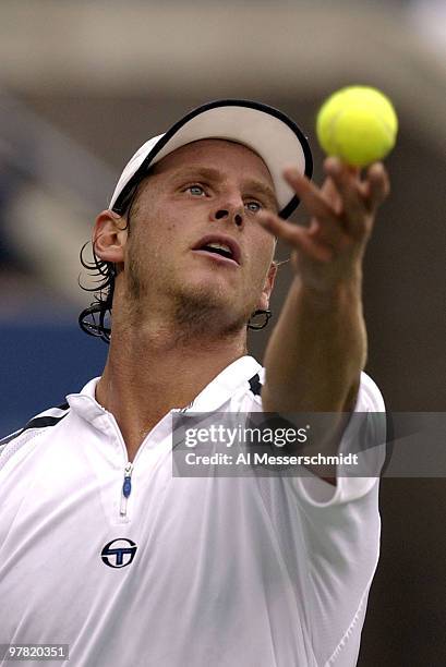 David Nalbandian of Argentina sets to serve Thursday, September 4, 2003 at the U. S. Open in New York. Federer, the second seed from Switzerland, was...