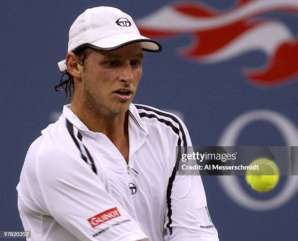 David Nalbandian of Argentina sets for a backhand Thursday, September 4, 2003 at the U. S. Open in New York. Federer, the second seed from...
