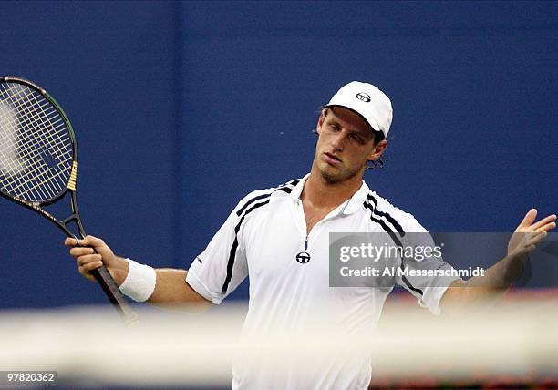 David Nalbandian of Argentina questions a call Thursday, September 4, 2003 at the U. S. Open in New York. Federer, the second seed from Switzerland,...