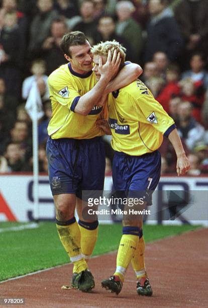David Unsworth and Niclas Alexandersson of Everton celebrate during the FA Premiership game between West Ham United v Everton at Upton Park, London....
