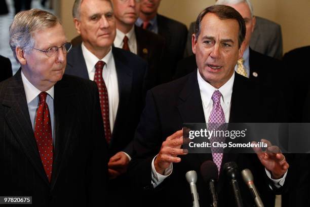 Senate Minority Leader Mitch McConnell and House Minority Leader John Boehner talk to reporters after Congressional Republicans held a bicameral...