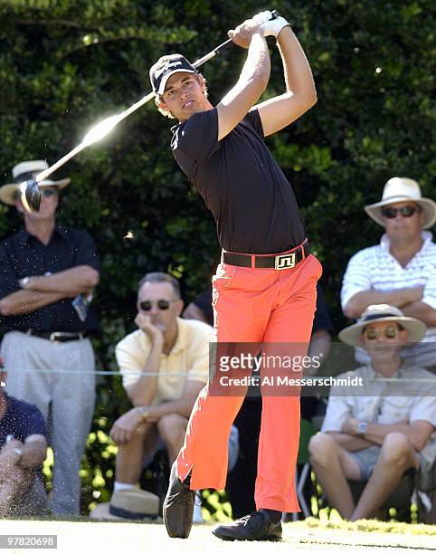 Aaron Baddeley checks his tee shot on the 14th hole Friday, October 24, 2003 during the second round of the Funai Classic in Orlando, Florida.
