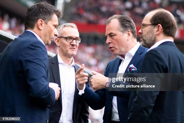 April 2018, Germany, Cologne: soccer, Bundesliga, 1. FC Koeln - FC Schalke 04, RheinEnergieStadion. Schalke's manager Christian Heidel , CEO of...