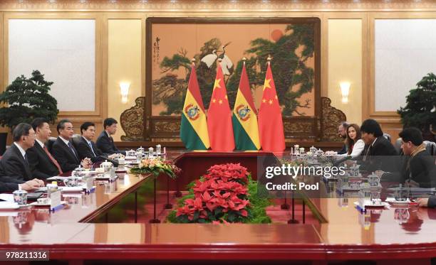 Bolivia's President Evo Morales speaks during a meeting with Chinese President Xi Jinping at the Great Hall of the People in Beijing on June 19, 2018.