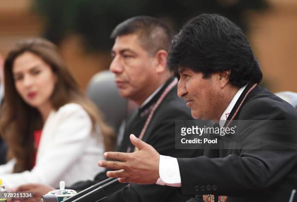 Bolivia's President Evo Morales speaks during a meeting with Chinese President Xi Jinping at the Great Hall of the People in Beijing on June 19, 2018.