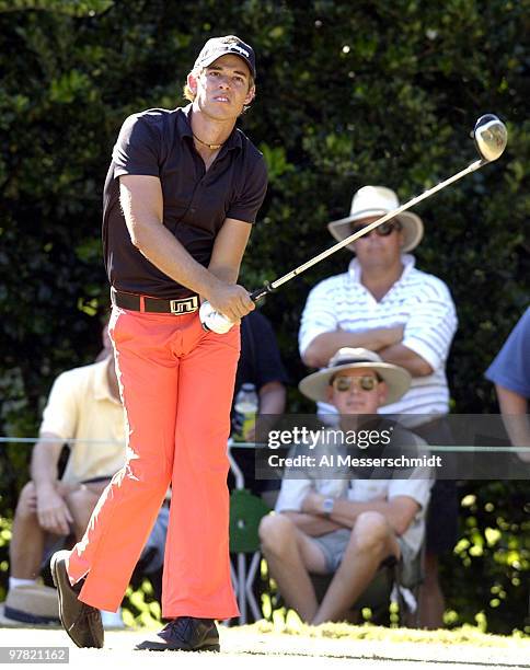 Aaron Baddeley checks his tee shot on the 14th hole Friday, October 24, 2003 during the second round of the Funai Classic in Orlando, Florida.