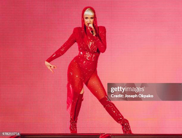 Katy Perry performs on stage during her Witness Tour at Birmingham Arena on June 18, 2018 in Birmingham, England.