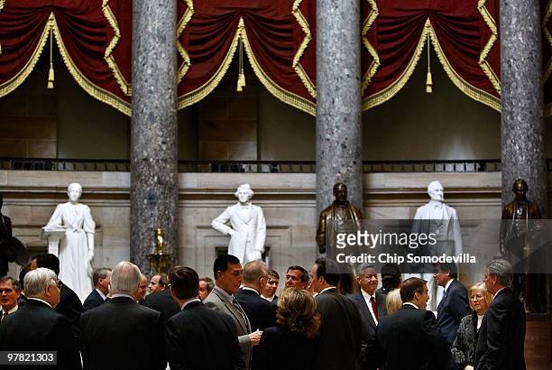 Congressional Republicans gather in Statuary Hall before marching into House of Representatives Chamber for a bicameral strategy meeting at the U.S....